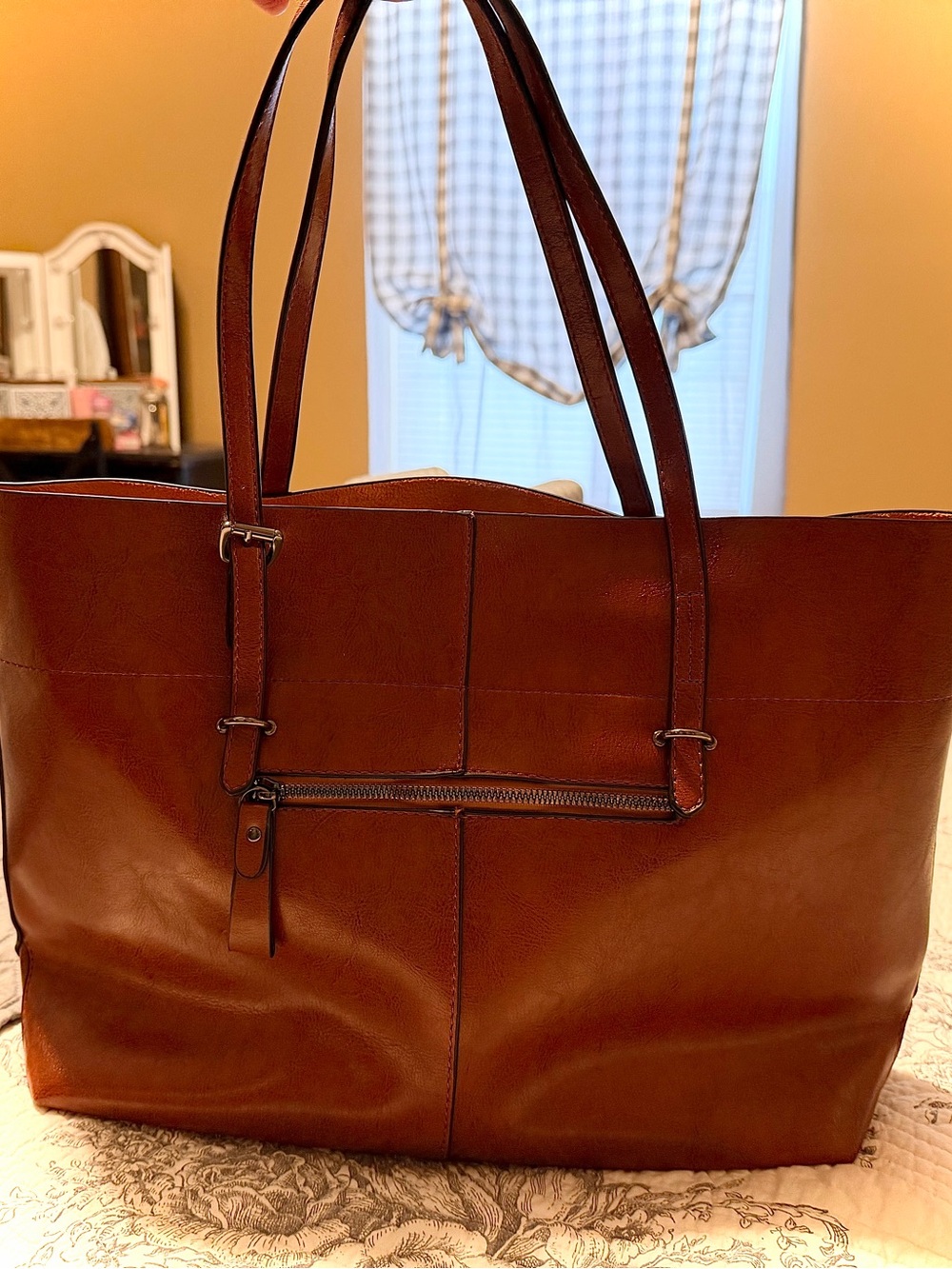 SHEIN Brown Leather-Style Tote Bag with Front Zip Pocket